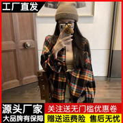 复古港风格子衬衫女夏季宽松小个子中长款休闲上衣防晒衬衣外套潮