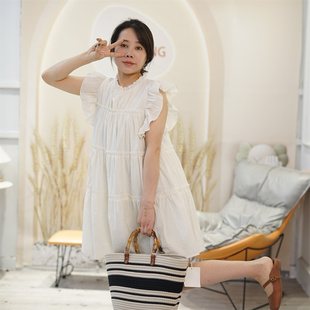 夏季韩版甜美减龄小飞袖连衣裙女洋气小众气质显瘦木耳边蛋糕裙子