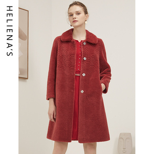 海兰丝同款冬气质红色大衣羊剪绒皮毛一体皮草外套女