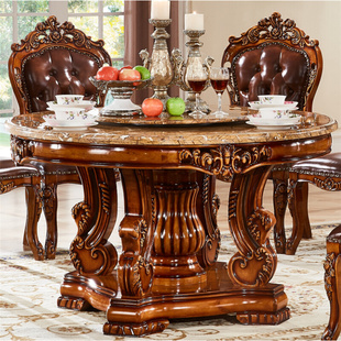 欧式大理石餐桌实木雕花圆形圆桌仿古餐桌椅1.8米带转盘别墅
