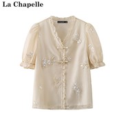 拉夏贝尔/La Chapelle新中式雪纺蕾丝衬衫绣花短袖V领上衣T恤