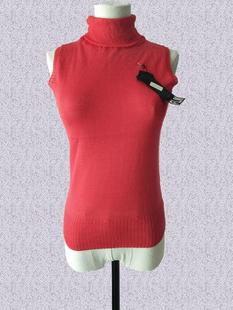 春夏女酒红色西瓜红色高领，薄款无袖弹力含羊毛针织衫套头马甲背心