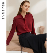 海兰丝2023秋季商场同款洋气，v领长袖上衣，时尚红色雪纺衬衫女