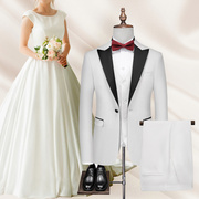 塔士多男士修身结婚礼服新郎西装，三件套白色拼接设计感西服套装潮