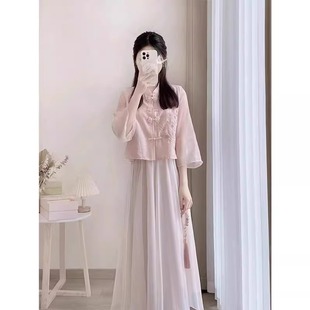 新中式粉色国风唐装刺绣，套装裙2024夏季改良汉服，女装成人版连衣裙