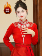 搭配马面裙的衬衫新中式刺绣红色衬衣女冬季加绒立领对襟国风上衣