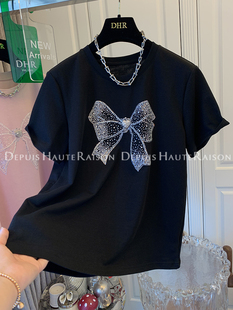 DHR超好看蝴蝶结水钻短袖T恤打底衫上衣女棉今年流行2024夏季