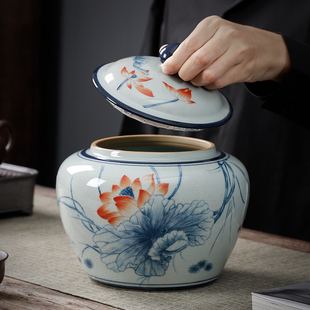 夕物 哥窑陶瓷茶叶罐密封罐中式手绘青花釉下彩储茶罐存茶罐空罐