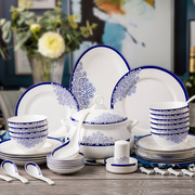 高档景德镇骨瓷餐具套装，釉中彩家用碗碟，中式青花陶瓷56头碗盘套装