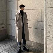 韩版风衣男中长款潮流宽松过膝英伦，双排扣外套，秋冬季加厚休闲大衣