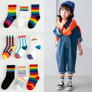 儿童袜子春秋纯棉彩虹，条纹中筒男童女童，运动潮袜学生宝宝韩国长筒