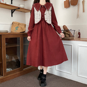 娃娃领学院风连衣裙2023秋季红色打底小裙子少女马甲两件套装