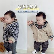1岁宝宝冬天外套棉衣男加厚婴儿，连帽上衣婴童两面，穿格子韩版棉服