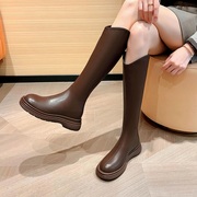 棕色长筒靴女春秋单靴系带，马丁靴女厚底小个子，不过膝骑士靴高筒靴