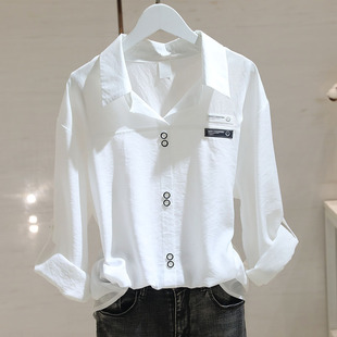 白色衬衫女长袖2023春季宽松显瘦设计感小众套头高级感上衣潮