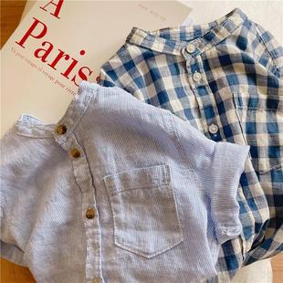 儿童衬衫夏季男女童洋气格子，条纹水洗棉，衬衣宝宝立领短袖衫潮