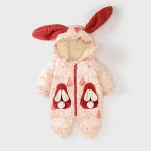 婴儿连体衣秋冬装夹棉女宝宝兔子洋气保暖棉衣外套新生儿冬季衣服