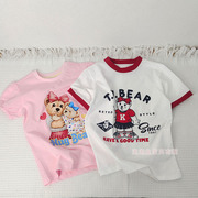 110－160童装夏装女童纯棉卡通小熊短袖T恤儿童上衣背心粉色白色