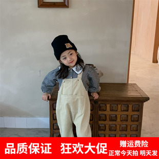 韩国童装品质2023春秋中小童大口袋裤男女童灯芯绒条绒背带裤