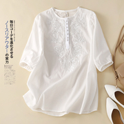 品牌外贸原单复古日系刺绣，棉麻衬衣宽松圆领，短袖t恤女夏