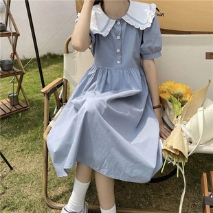 夏季甜美复古日系娃娃领连衣裙，女学生韩版中长款百搭a字裙子