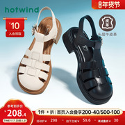 热风2023年夏季女士时尚凉鞋黑色粗跟镂空罗马风猪笼凉鞋子