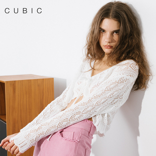 cubic镂空针织，钩花深v领系带，荷叶边针织开衫