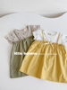 日本童装女童夏季纯棉短袖波点吊带假2件拼接日系中长款T恤