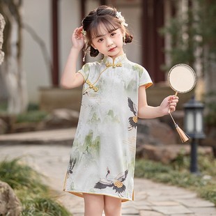 儿童夏季汉服裙女童中国风，仿真丝汉旗袍，连衣裙女孩古装演出服