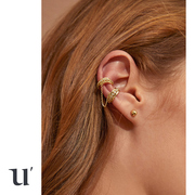 复古金色锆石无耳洞耳环，女独特设计个性，耳骨夹套装冷淡风精灵耳饰