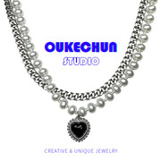 OUKECHUN甜酷珍珠双层项链女ins嘻哈锁骨链黑色爱心设计感装饰品