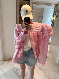 智研韩国春夏自留时尚粉色，格子竖条拼接宽松大版松弛感洋气衬衫