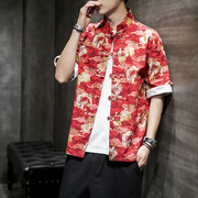 中国风男装龙纹印花唐装红色，衬衫男士夏季薄款短袖青年中山装外套