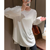 韩国版型设计百搭简约纯色春秋宽松长款外穿打底圆摆长袖T恤衫女