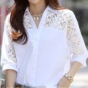 七分袖白衬衫女短袖韩版宽松大码雪纺衫，蕾丝拼接中长款镂空上衣