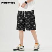 proteusboy短裤男夏季男士美式潮牌格纹字母直筒宽松五分中裤