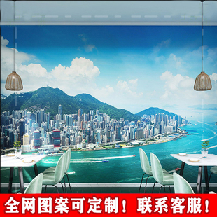香港高楼建筑海景墙纸河岸大自然背景墙餐饮店墙纸3d延伸空间壁布