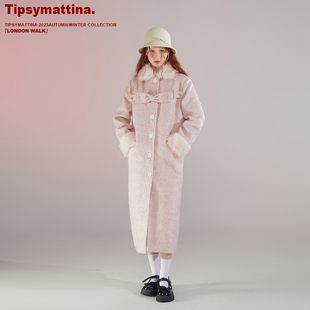 tipsymattina微醺清晨原创复古粉色毛领大衣娃娃领夹棉毛呢外套