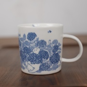 绣球猫咪杯咖啡杯茶杯水杯釉下彩 中式青花瓷大容量插画可爱夏天