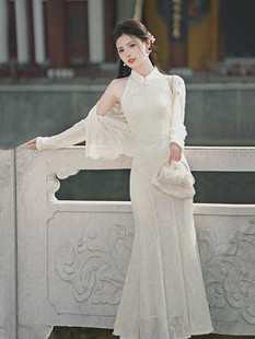 新中式仙女风提花针织，开衫+改良鱼尾，旗袍优雅端庄修身露肩连衣裙