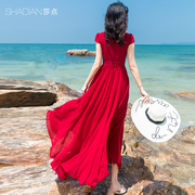 雪纺大摆连衣裙波西米亚加长款沙滩裙红色蕾丝，长裙海边度假沙滩裙