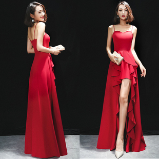 红色连衣裙高贵优雅气质名媛，性感吊带裙宴会，修身长款晚礼服女