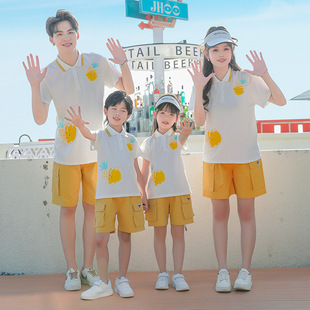 沙滩亲子装夏季菠萝短裤套装，一家四口母子母女六一班服表演服