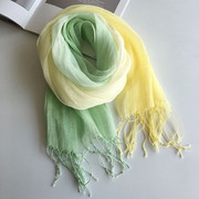 春夏创意纯亚麻围巾渐变色风格，遮阳披肩多用纯色围巾