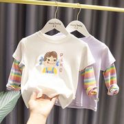 0-6岁女宝宝卡通打底衫洋气儿童秋装女童韩版假两件彩虹袖上衣T恤
