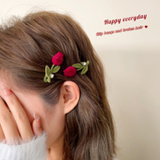 红色玫瑰~秋冬新年植绒发夹，女公主头小抓夹侧边刘海碎发发卡头饰