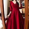 大码女装法式v领七分袖，红色连衣裙夏春胖mm收腰显瘦中长款小礼服