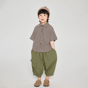 男童短袖衬衫2024夏季儿童，韩版格子衬衣中小童薄款半袖上衣