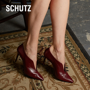 schutz秋季明星同款真皮高跟，短靴女度假细跟踝靴v口牛皮尖头裸靴