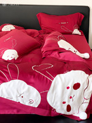 高端兔子100s兰精天丝四件套大红色，夏季冰丝床单被套裸睡床上用品